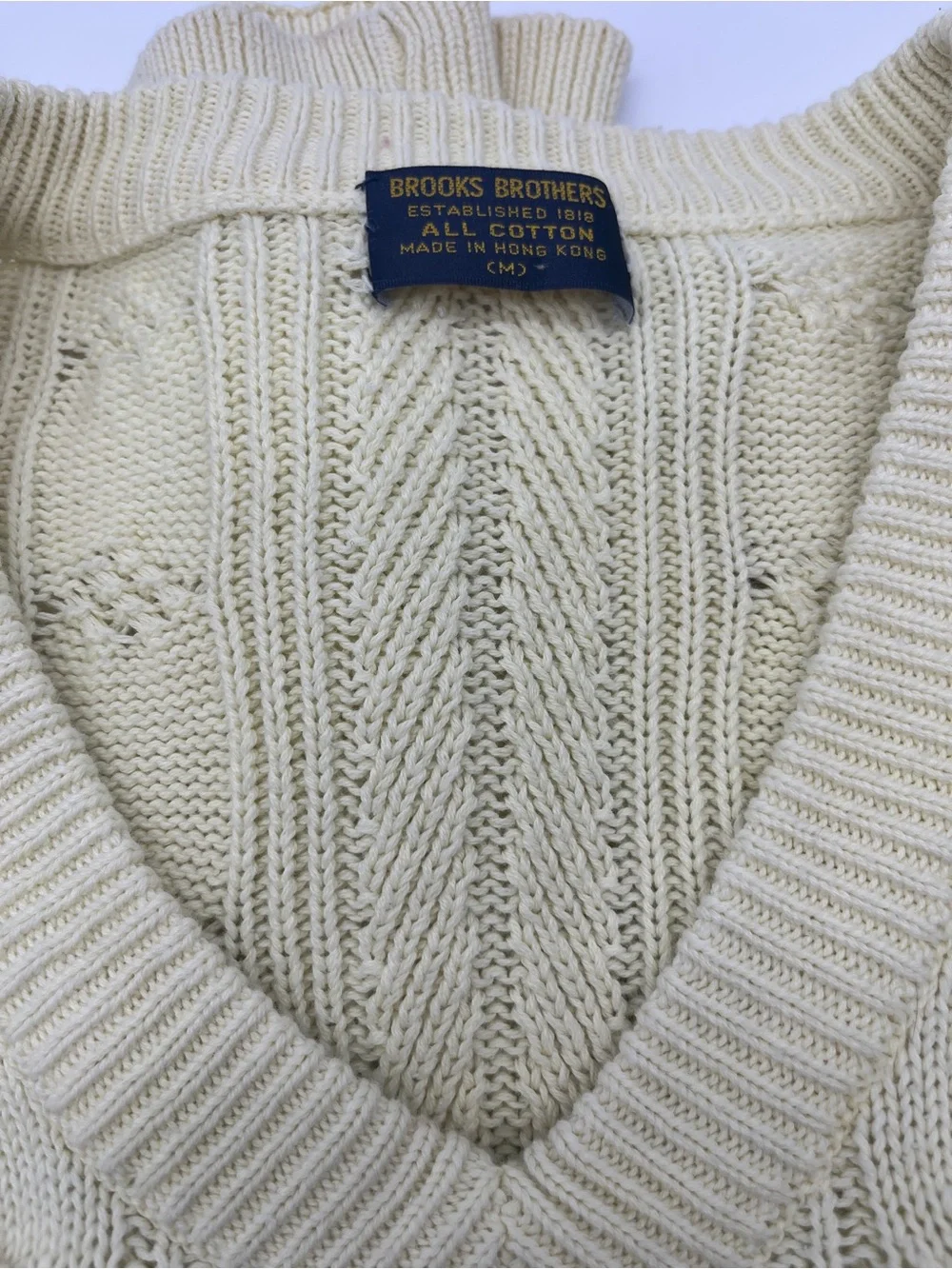 Brooks Brothers Vintage Cream V-Neck Cable Knit Sweater